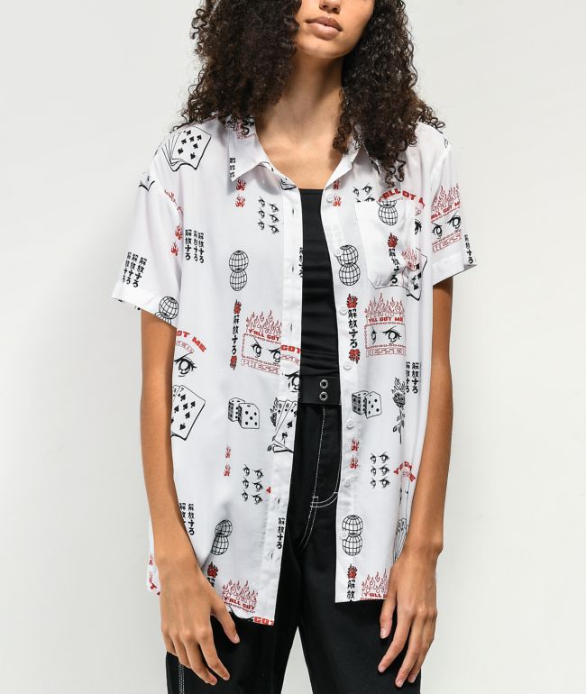 Vitriol Caedia Allover Anime Print White Short Sleeve Button Up Shirt