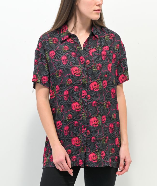 Vitriol Caedia Skull Lightning Black & Purple Short Sleeve Button Up Shirt