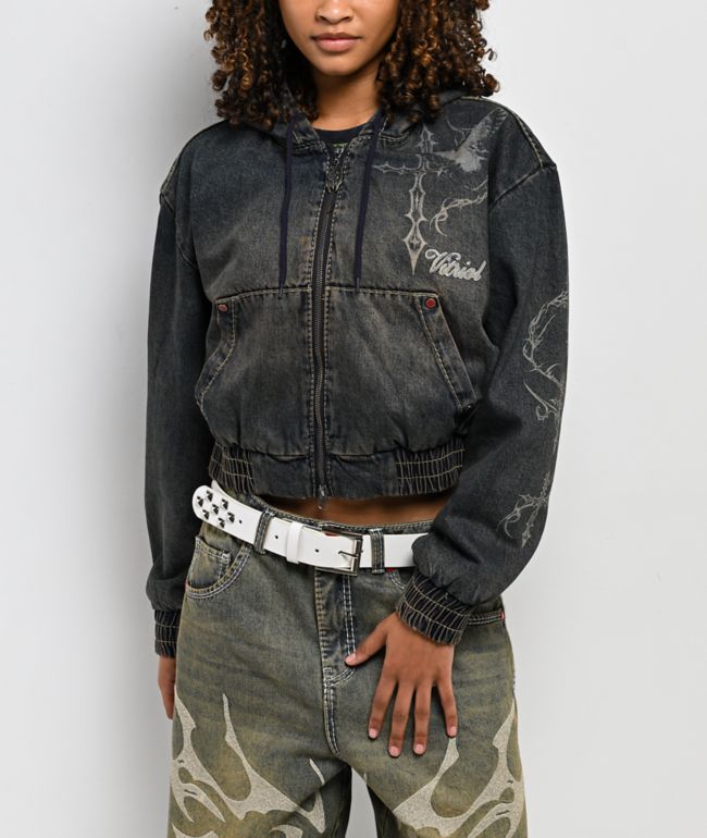 Vitriol Camden Black Wash Denim Crop Hooded Jacket - thumbnail 3