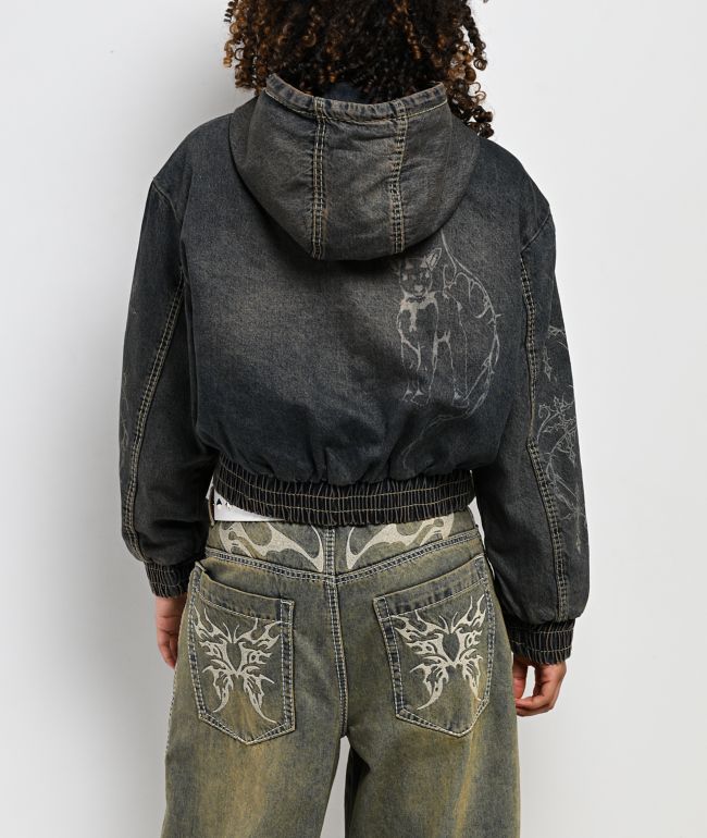 Vitriol Camden Black Wash Denim Crop Hooded Jacket - thumbnail 2