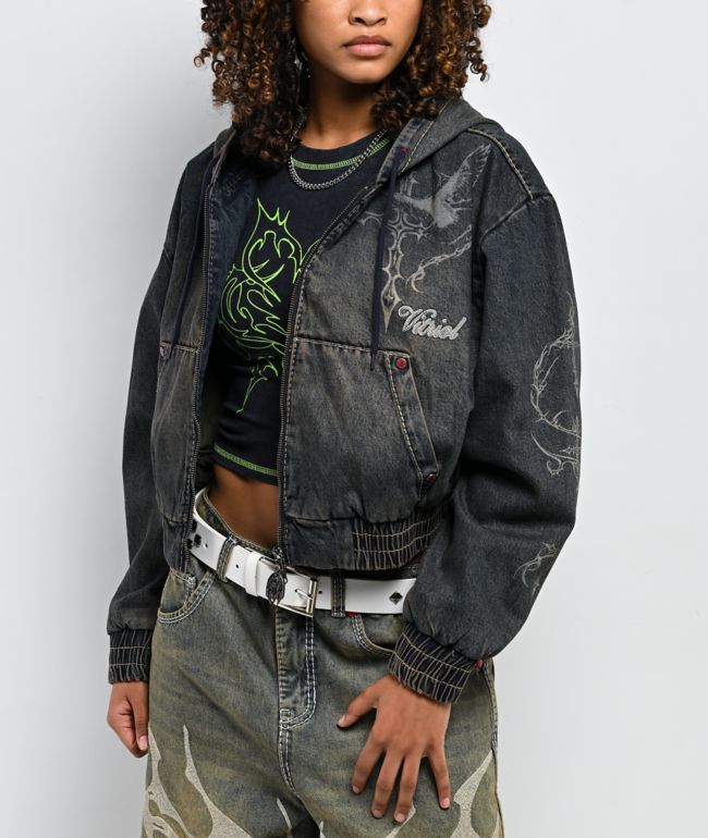 Vitriol Camden Black Wash Denim Crop Hooded Jacket