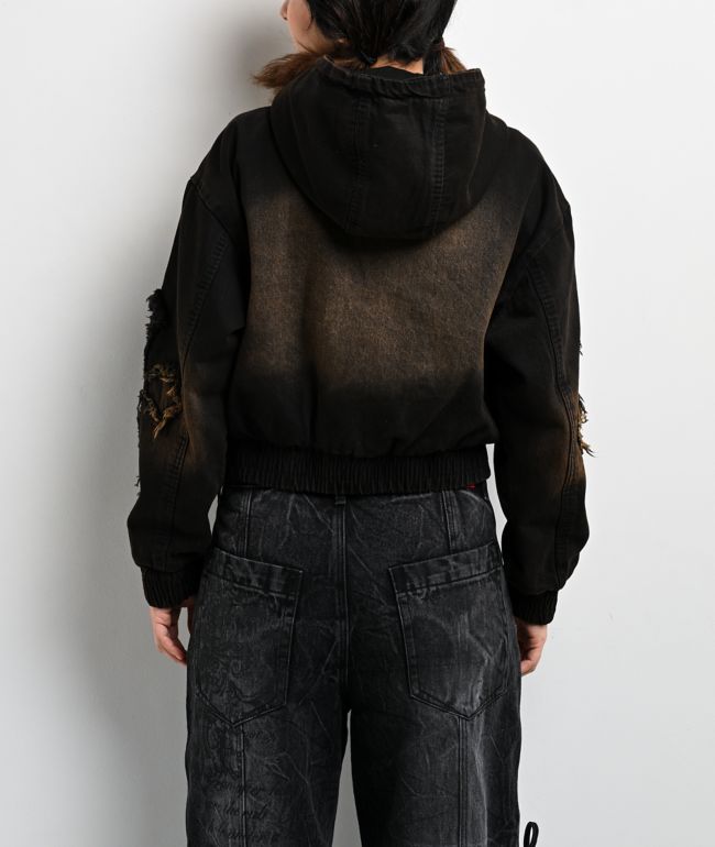 Vitriol Camden Cross Black Wash Crop Hooded Jacket - thumbnail 2