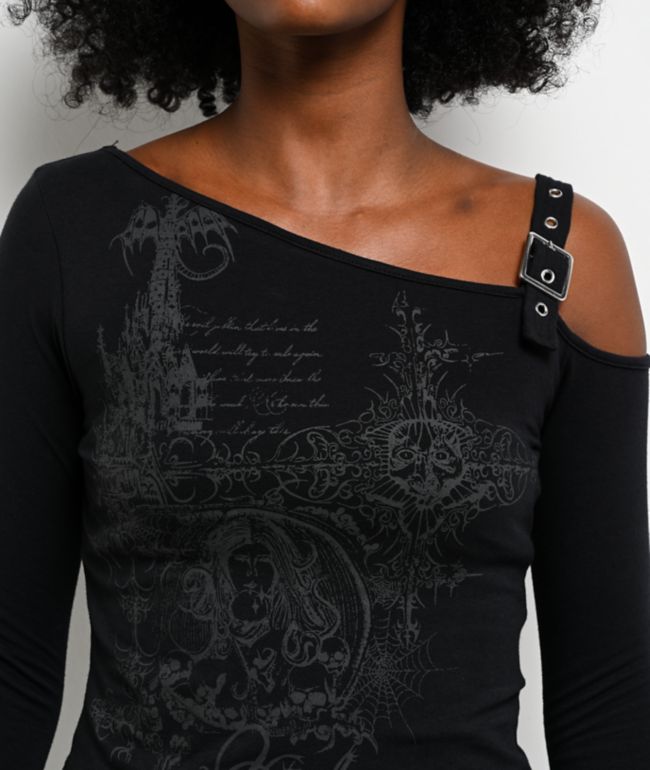 Vitriol Colette Off Shoulder Black Long Sleeve Crop T-Shirt - thumbnail 3