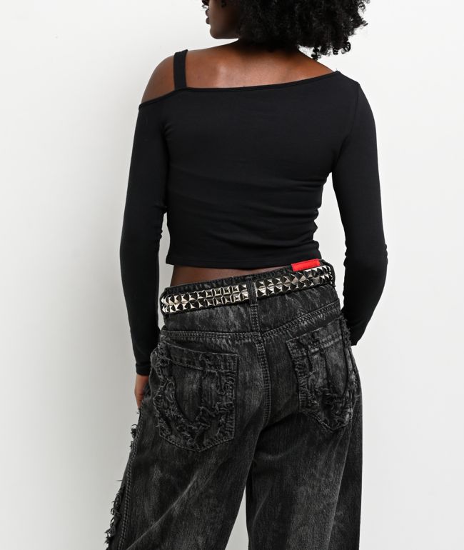 Vitriol Colette Off Shoulder Black Long Sleeve Crop T-Shirt - thumbnail 2