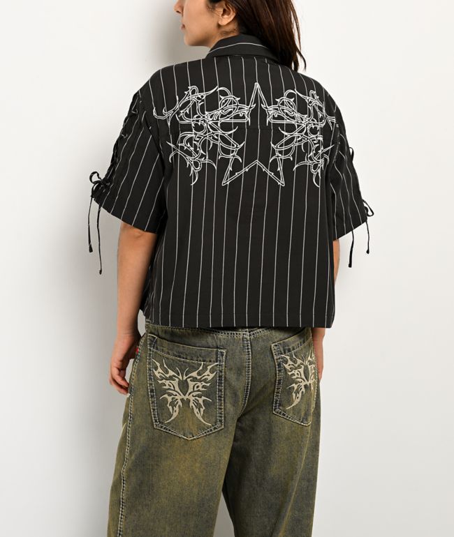 Vitriol Fallon Laced Grey Pinstripe Crop Button Up Shirt - thumbnail 2