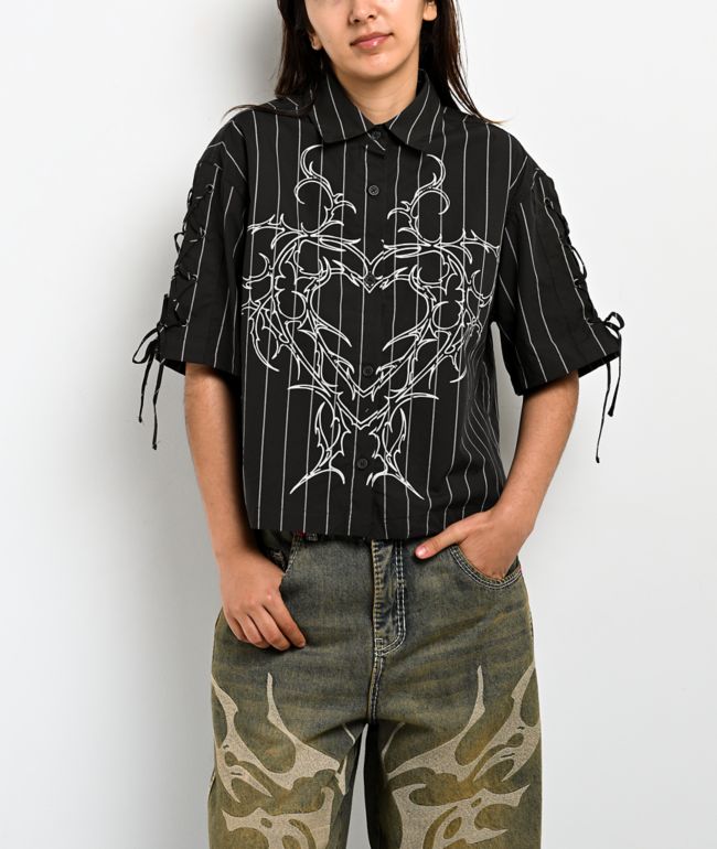 Vitriol Fallon Laced Grey Pinstripe Crop Button Up Shirt