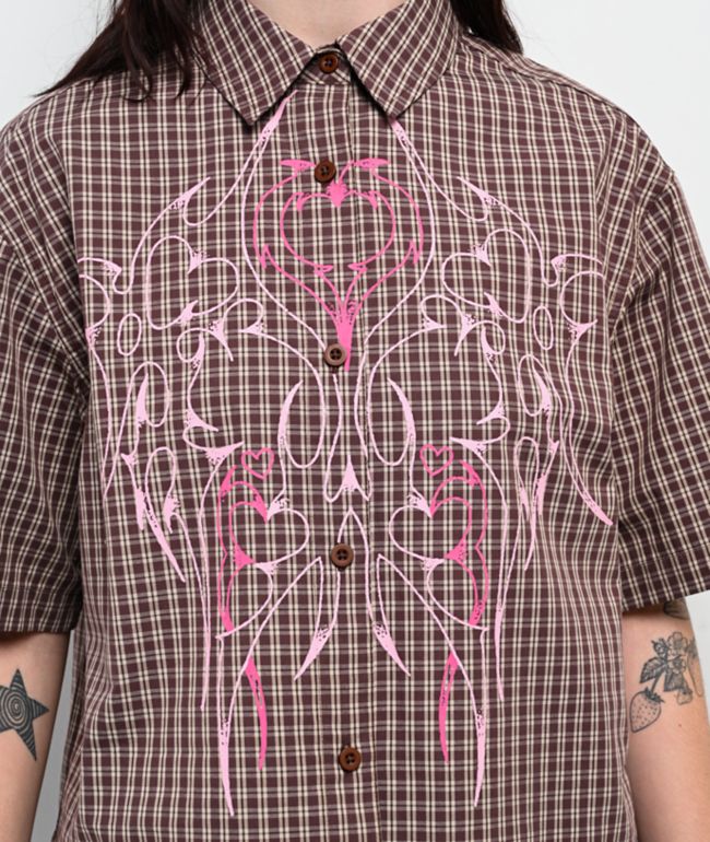 Vitriol Fallon Puce Brown Plaid Short Sleeve Button Up Crop Shirt - thumbnail 3