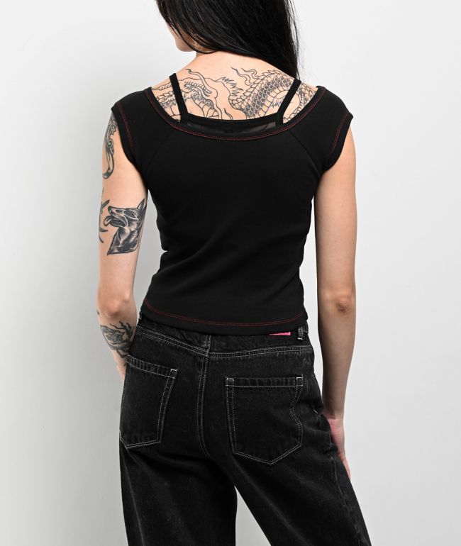 Vitriol Keeli Off Shoulder Black 2fer T-Shirt - thumbnail 2