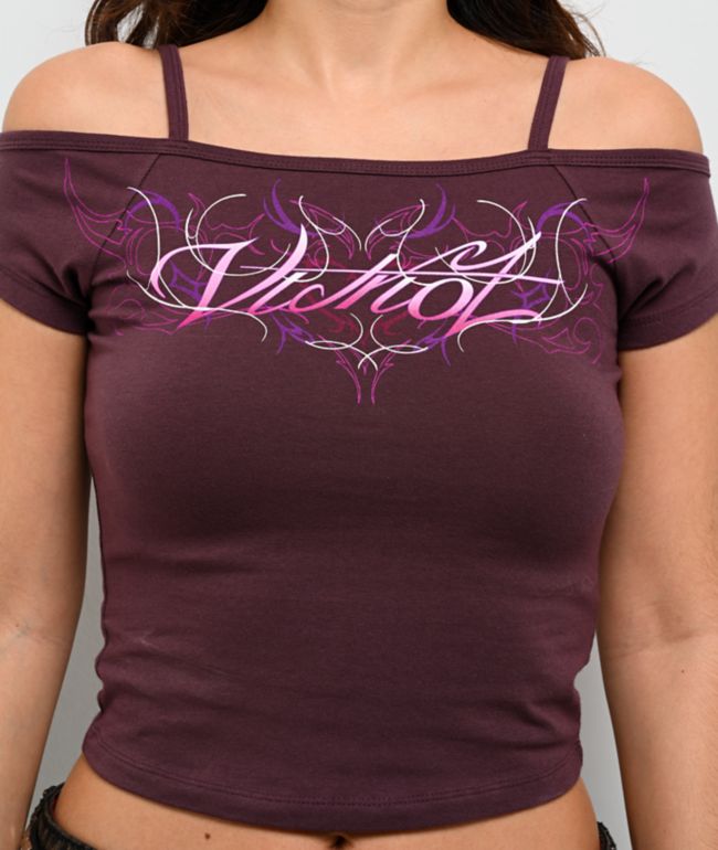 Vitriol Keeli Off Shoulder Purple Crop T-Shirt - thumbnail 3