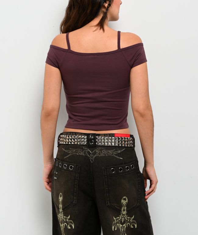 Vitriol Keeli Off Shoulder Purple Crop T-Shirt - thumbnail 2