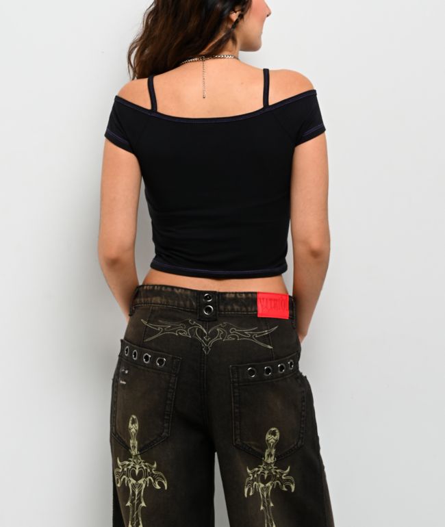 Vitriol Keeli Skeleton Off Shoulder Black Crop Top - thumbnail 2