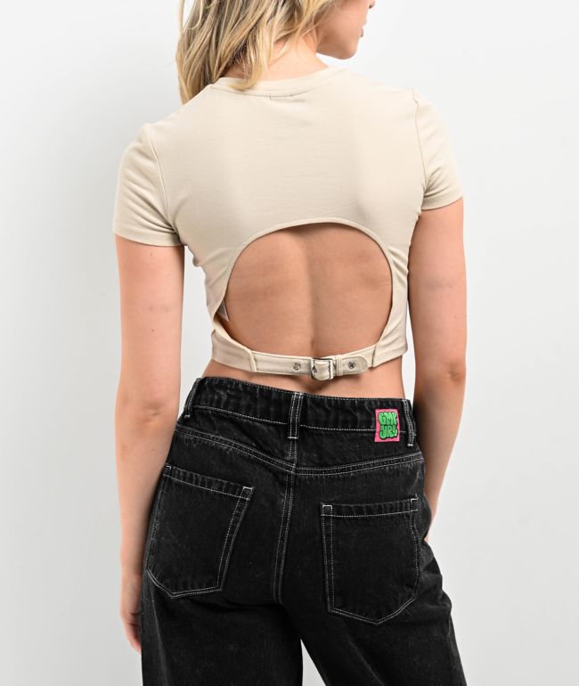 Vitriol Lorena Buckle Back Beige Crop T-Shirt - thumbnail 2