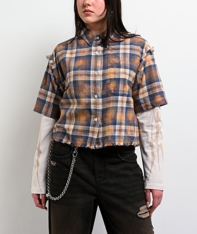 Vitriol Rattler Brown Plaid & Natural 2Fer Long Sleeve Button Up Crop T-Shirt