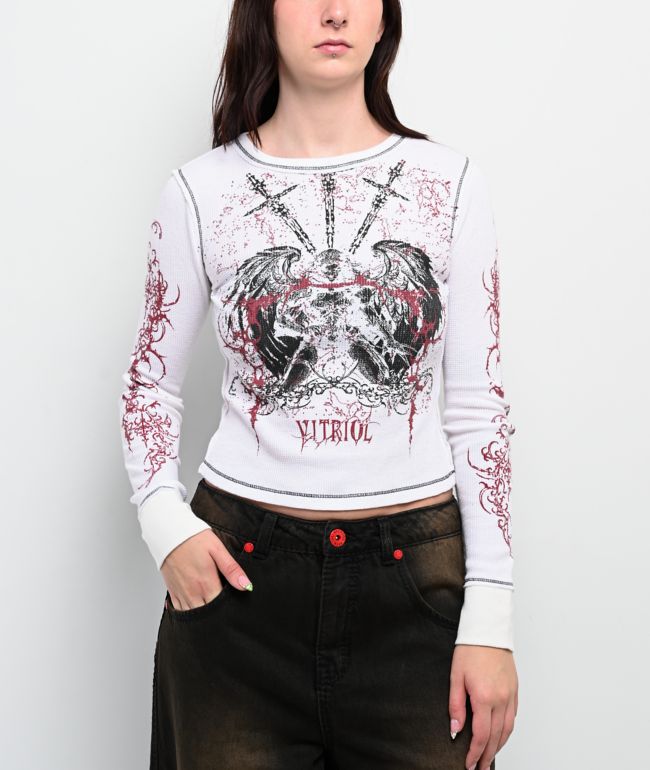 Vitriol Theo White Thermal Long Sleeve Crop T-Shirt