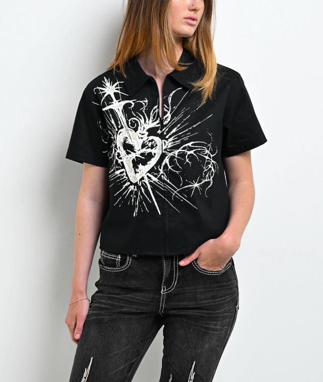 Vitriol Valerie Black Crop Zip Short Sleeve Shirt