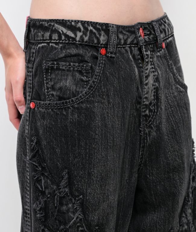 Vitriol Verona Applique Black Washed Wide Leg Jeans - thumbnail 3
