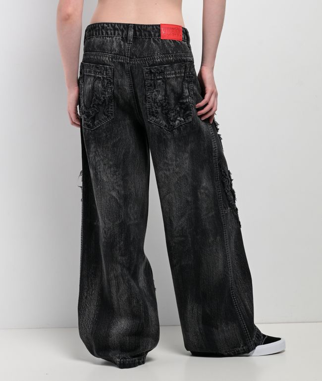Vitriol Verona Applique Black Washed Wide Leg Jeans - thumbnail 2