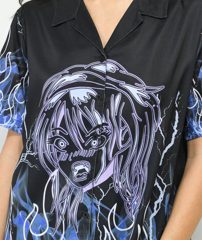 Vitriol Ziggy Anime Flame Black Short Sleeve Button Up Shirt - thumbnail 3