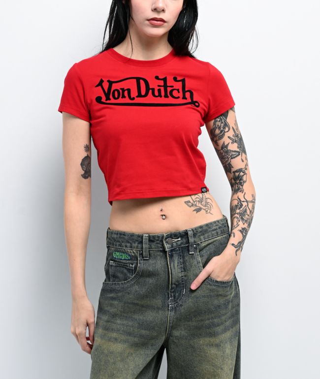 Von Dutch Flocked Logo Salsa Crop T-Shirt - thumbnail 2
