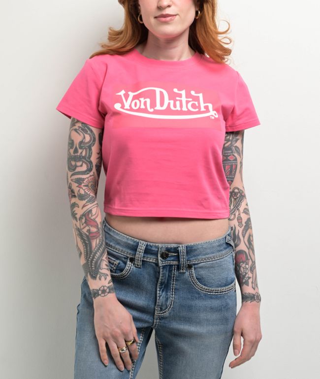 Von Dutch Logo Hot Pink Crop T-Shirt