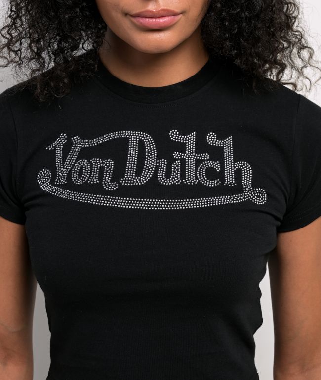 Von Dutch Rhinestone Black Crop T-Shirt - thumbnail 3