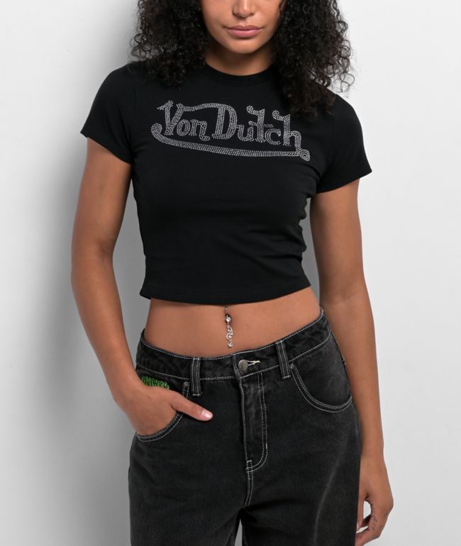 Von Dutch Rhinestone Black Crop T-Shirt