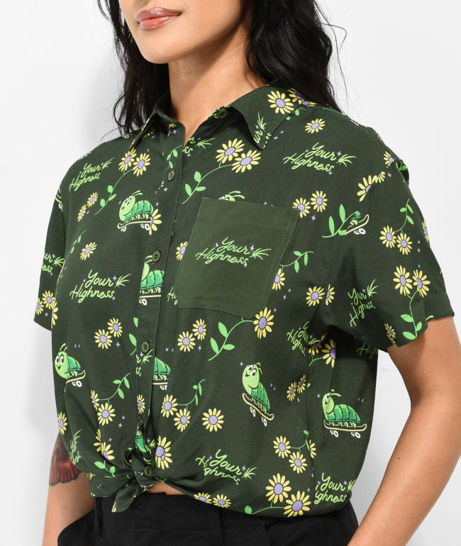 Your Highness Caterpillar Green Crop Button Up Shirt - thumbnail 3