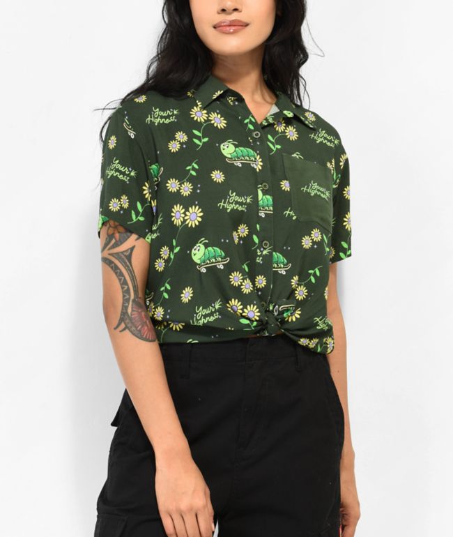 Your Highness Caterpillar Green Crop Button Up Shirt