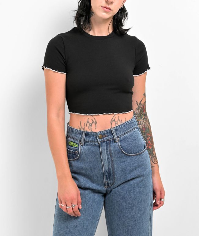 Zine Angie Lettuce Hem Black Crop T-Shirt