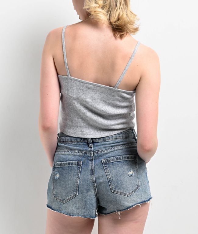 Zine Mary Pointelle Grey Crop Tank Top - thumbnail 2