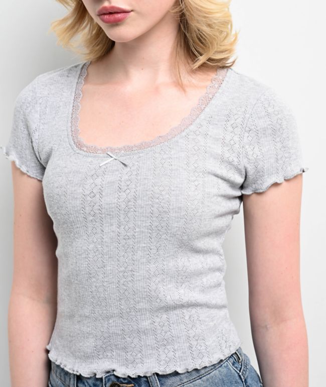 Zine Rosie Pointelle Grey Crop T-Shirt - thumbnail 3