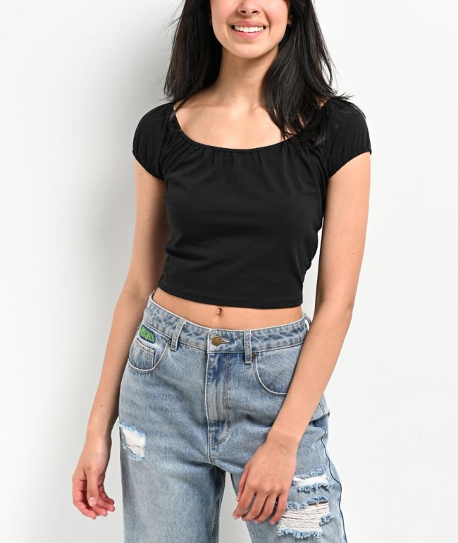 Zine Ruby Black Shirred Crop Top