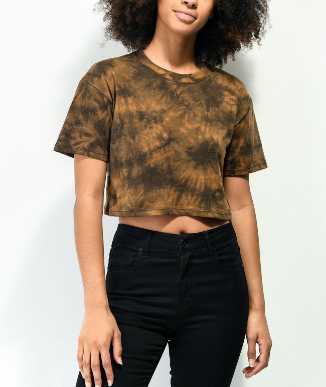 Zine Syd Orange & Black Tie Dye Crop T-Shirt