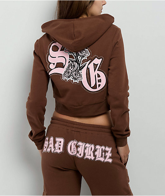 AD BOYZ By Junior H SAD GIRLZ Flowers Brown Crop Zip Hoodie
