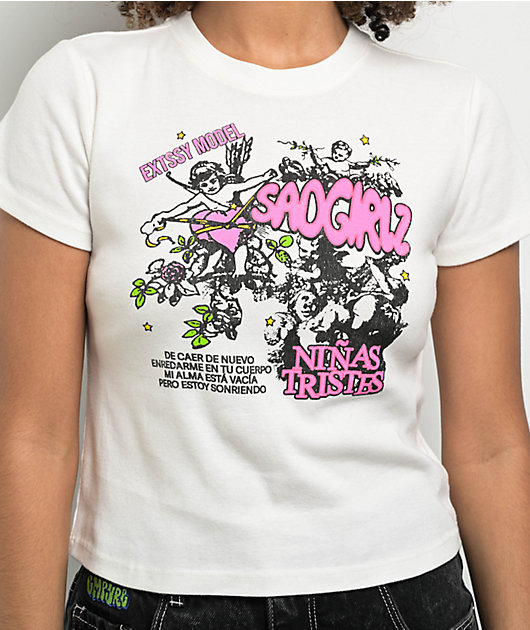 SAD BOYZ By Junior H SAD GIRLZ White & Pink Crop T-Shirt