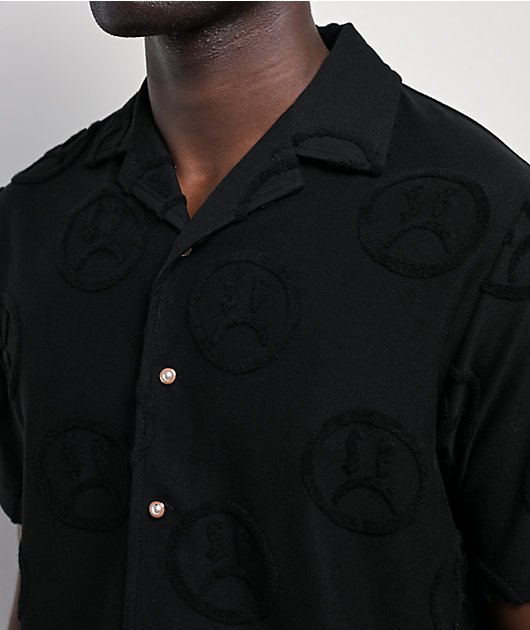 $AD BOYZ by Junior H Face Woven Black Terry Short Sleeve Button Up Shirt