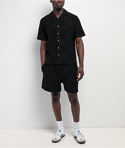 $AD BOYZ by Junior H Face Woven Black Terry Short Sleeve Button Up Shirt