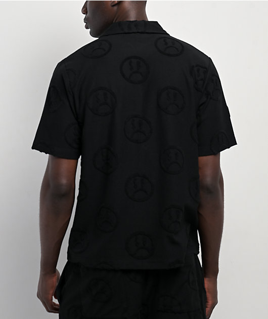 $AD BOYZ by Junior H Face Woven Black Terry Short Sleeve Button Up Shirt