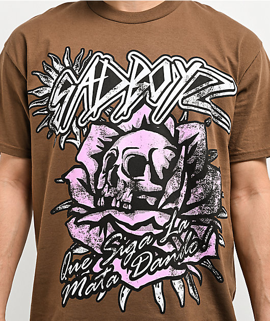 SAD BOYZ by Junior H Pink Roses Brown T-Shirt