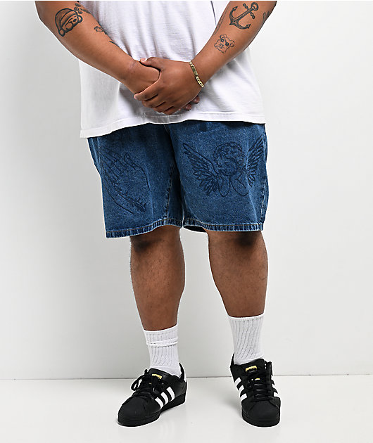 $AD BOYZ by Junior H Printed Grail Blue Wash Denim Shorts
