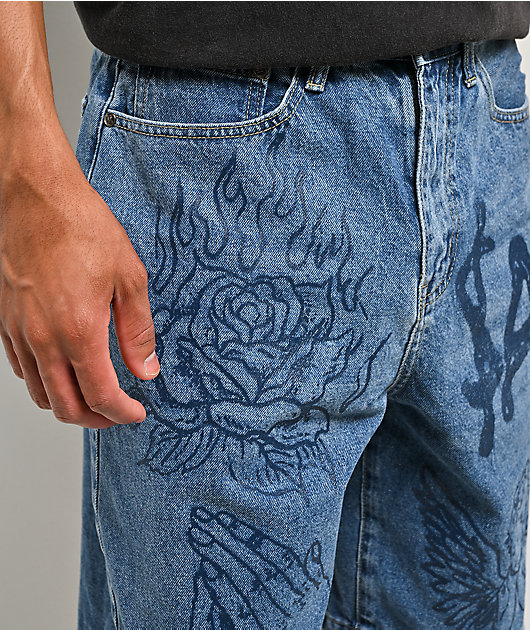 $AD BOYZ by Junior H Printed Grail Blue Wash Denim Shorts