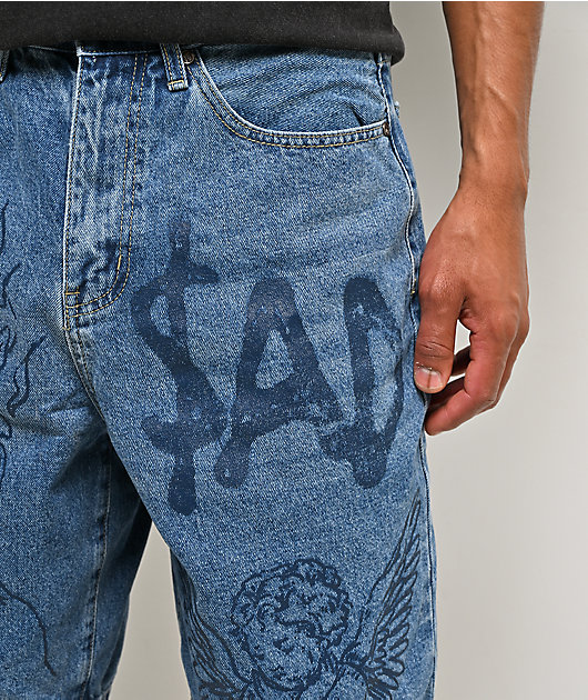 $AD BOYZ by Junior H Printed Grail Blue Wash Denim Shorts