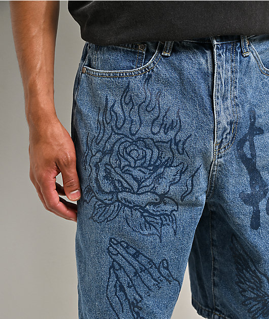 $AD BOYZ by Junior H Printed Grail Blue Wash Denim Shorts