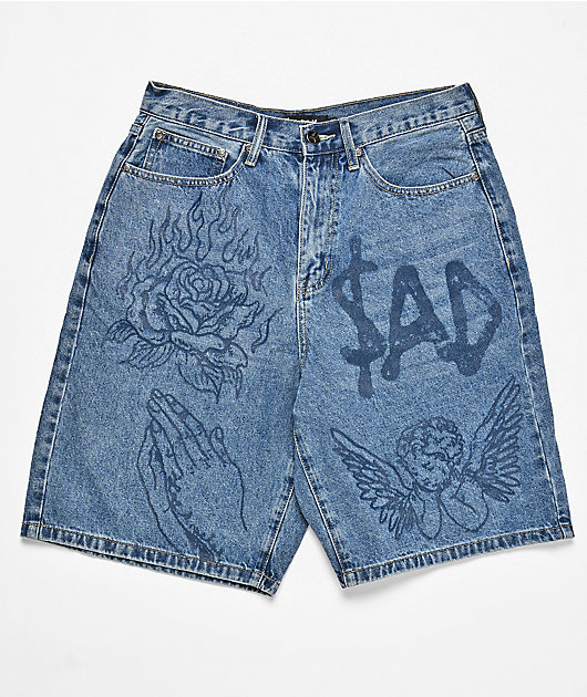 $AD BOYZ by Junior H Printed Grail Blue Wash Denim Shorts