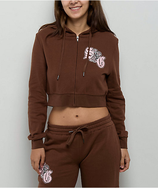 $AD GIRLZ By Junior H Flowers Brown Crop Zip Hoodie