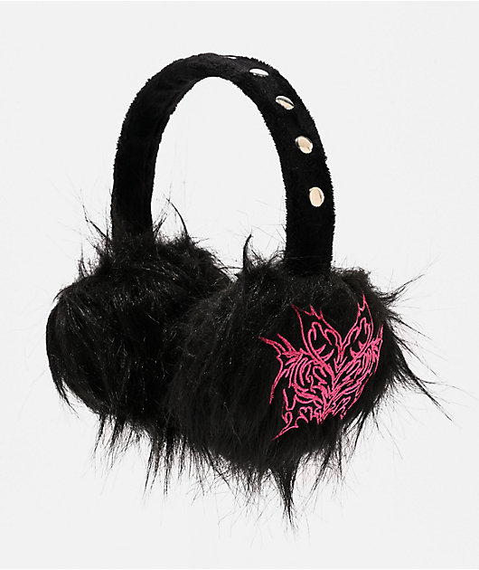  Vitriol Embroidered Black Faux Fur Ear Muffs
