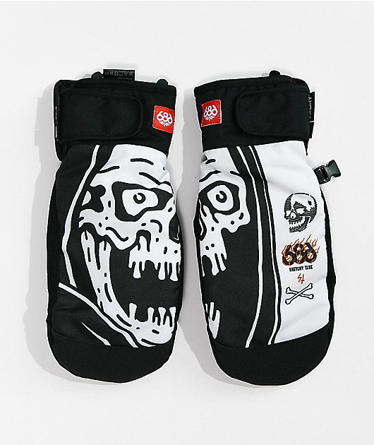 686 x Sketchy Tank Sketch Skull Black & White 10K Snowboard Mittens