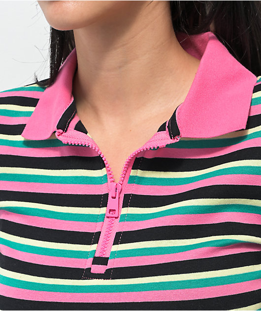 A-Lab Cordina Camisa polo corta con cremallera y franjas rosa y verde