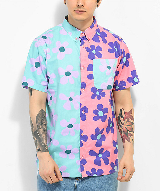 A-Lab Double Daisy Pink & Blue Short Sleeve Button Up