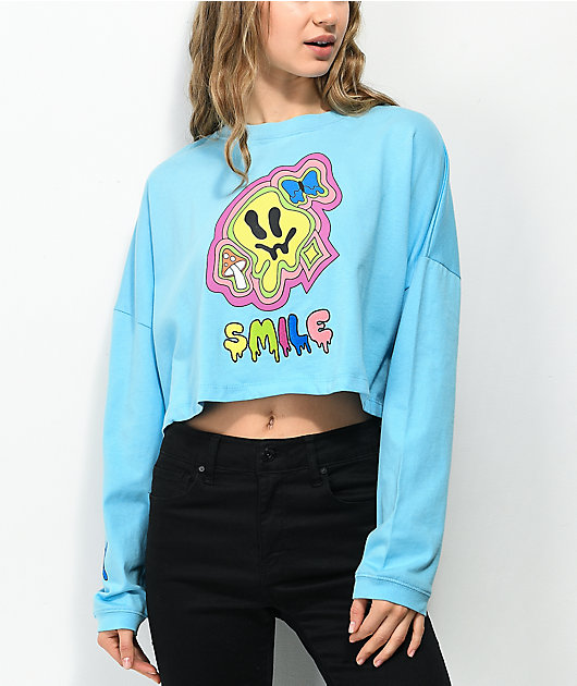 A-Lab Gayle Smile Drippy Blue Long Sleeve Crop T-Shirt